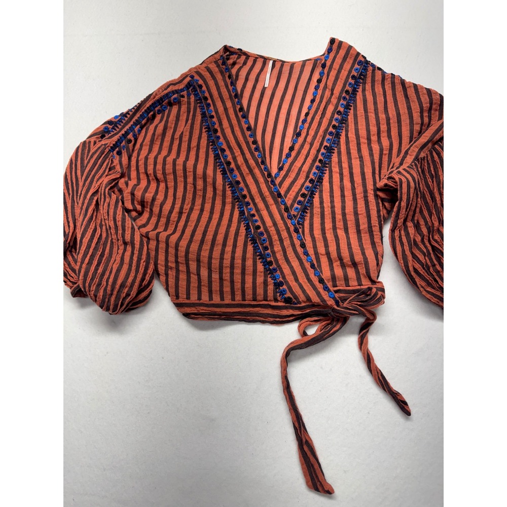 Free People Women Rust Black Striped Embroidered Wrap Crop Top Balloon Sleeve L